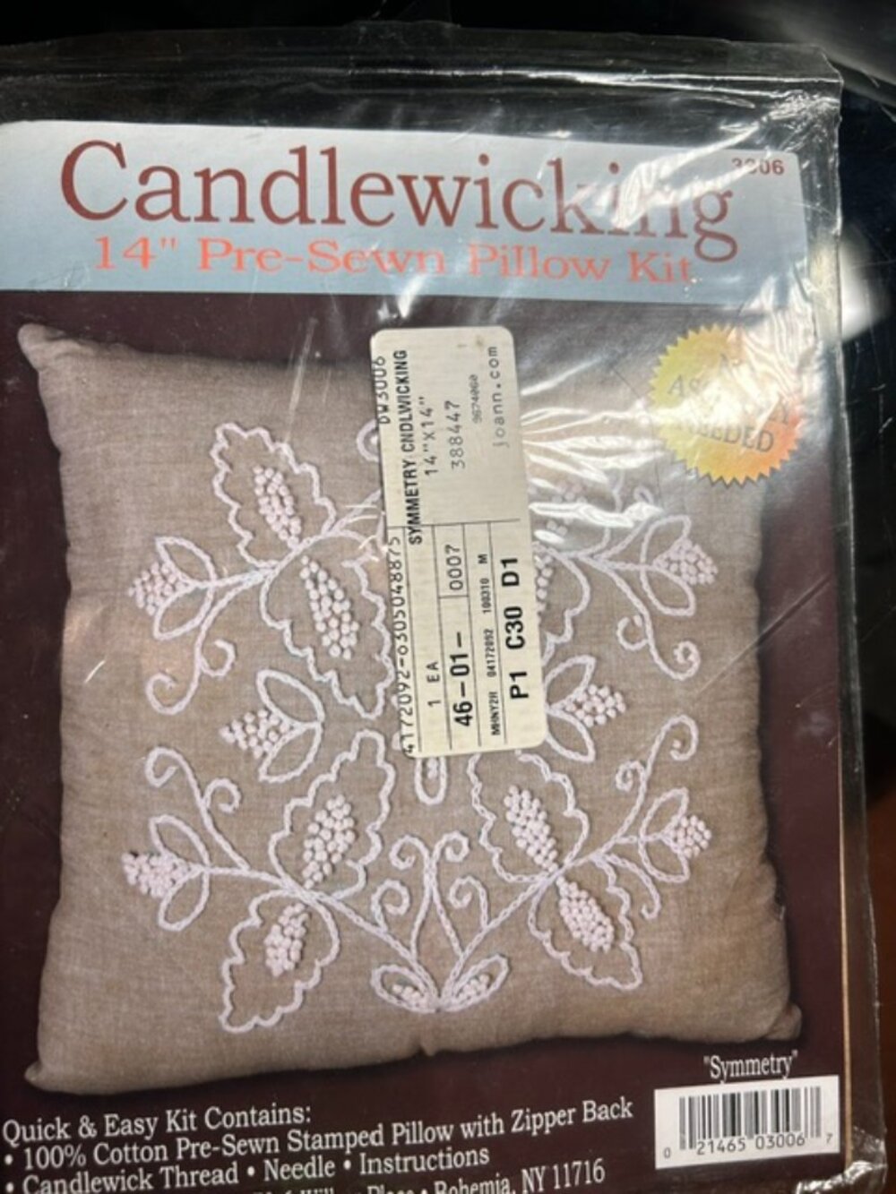 Vintage Candlewicking "Symmetry" 14" Pre-Sewn Pillow Kit | Unopened